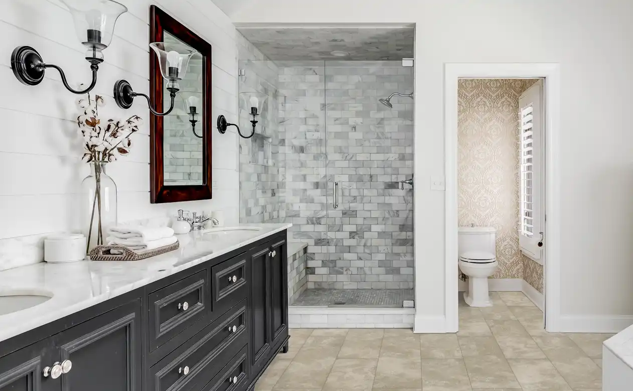 stone look flooring in bathroom with walk-in glass shower with marble subway tile
